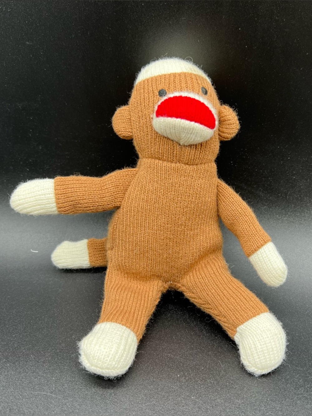 Russ Berrie Sock Monkey Plush 7.5” Brown Knit Stuffed Animal Red Mouth